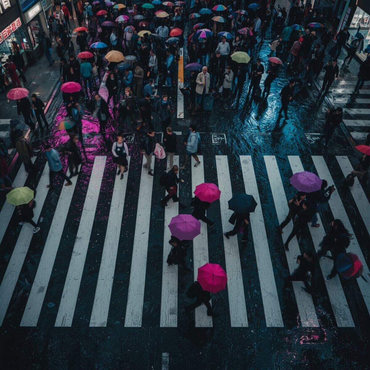 Urban artwork: Tokyo Rain Intersection in Photorealism style