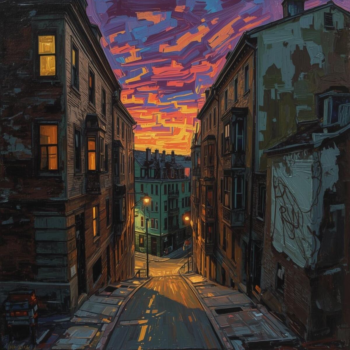 Urban artwork: The Leaning Quarter at Dusk in Expressionism style