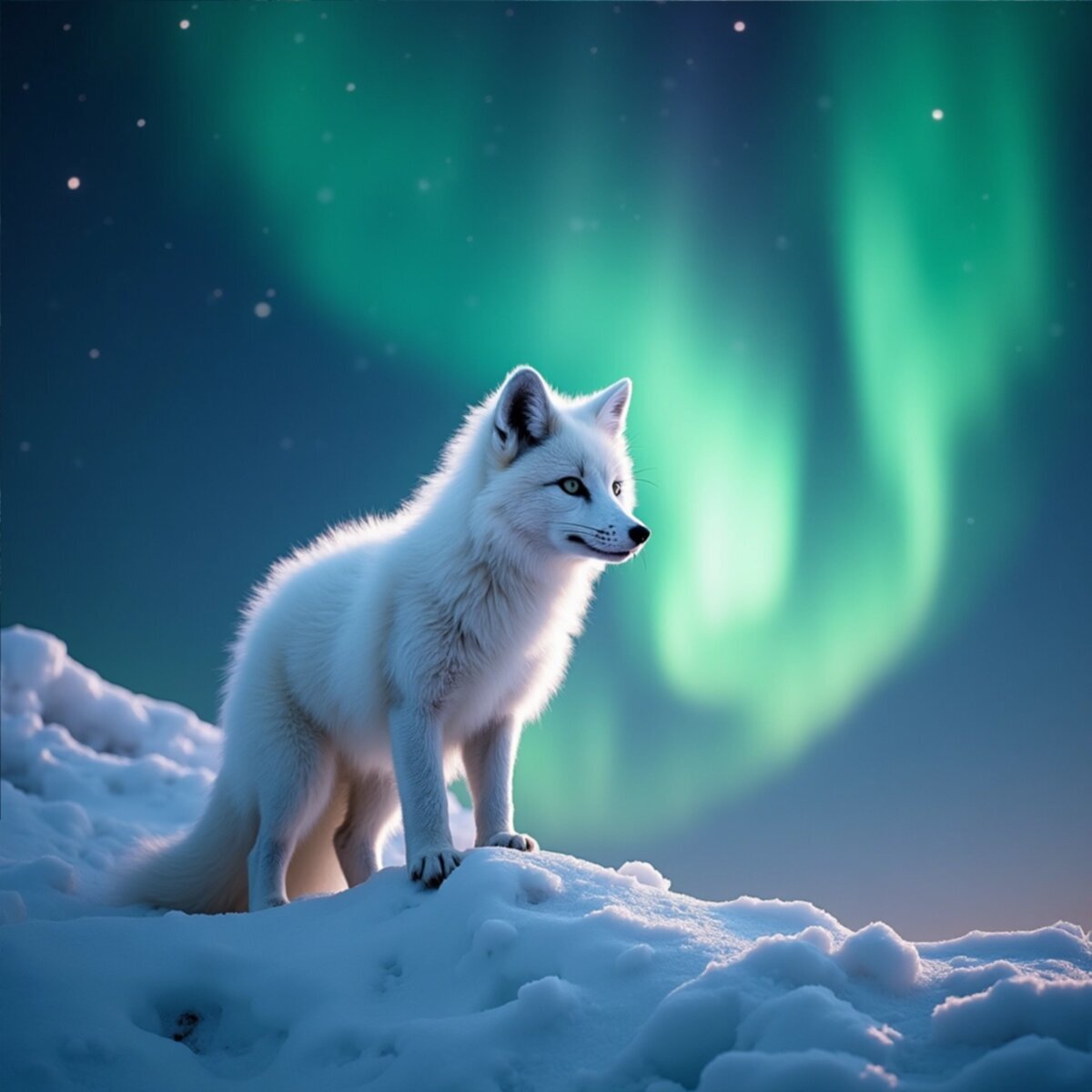 Wildlife artwork: Arctic Fox Under Northern Lights in Photorealistic style