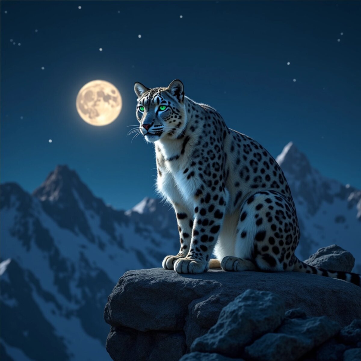 Wildlife artwork: Snow Leopard on Himalayan Ridge - Moonlit Contemplation in Photorealistic style