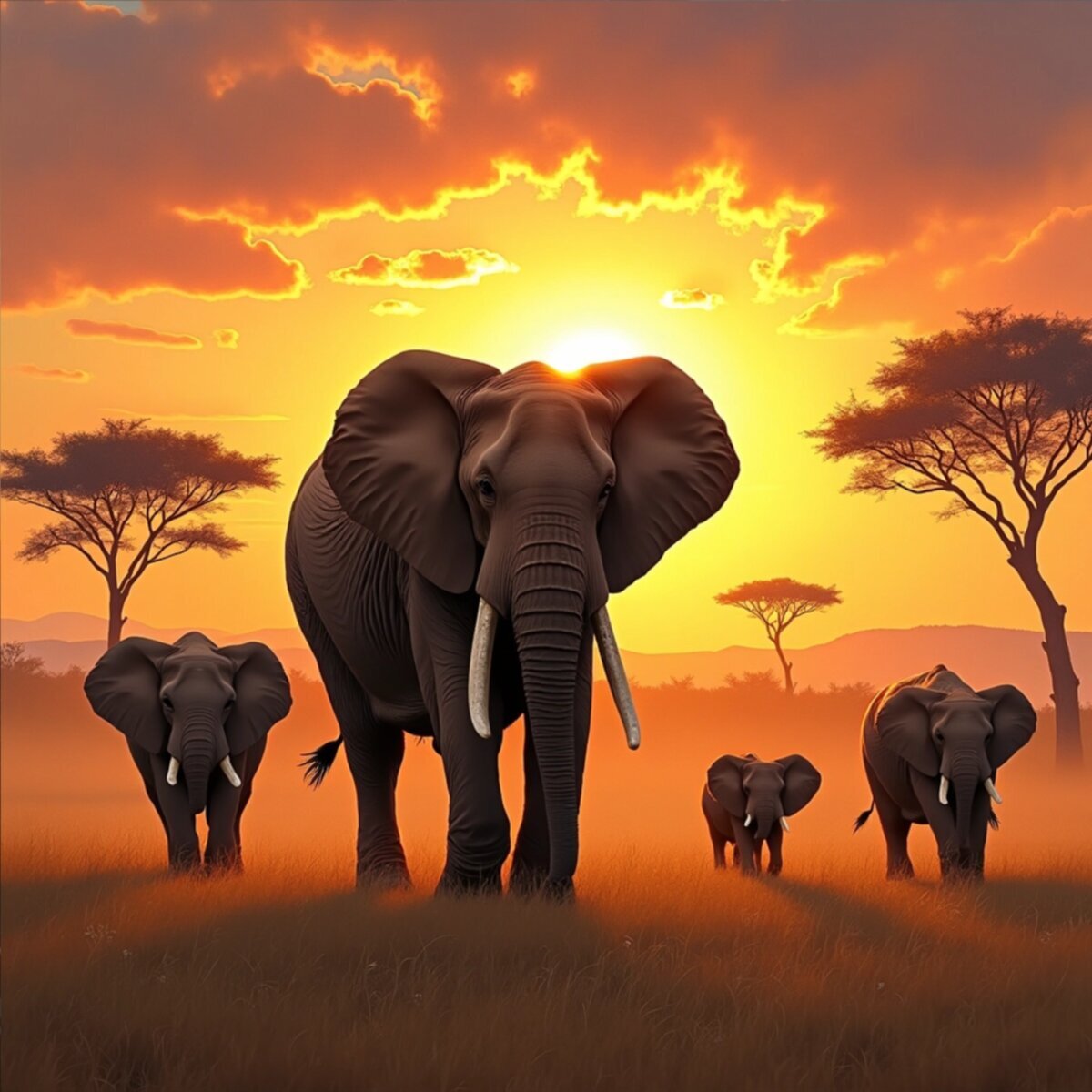 Wildlife artwork: Elephant Matriarch at Savanna Sunset - Impressionist Movement in Impressionism style